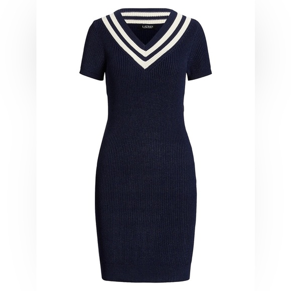 Lauren Ralph Lauren Cotton-Blend Cricket Sweater Dress French Navy & White SP - Picture 6 of 14
